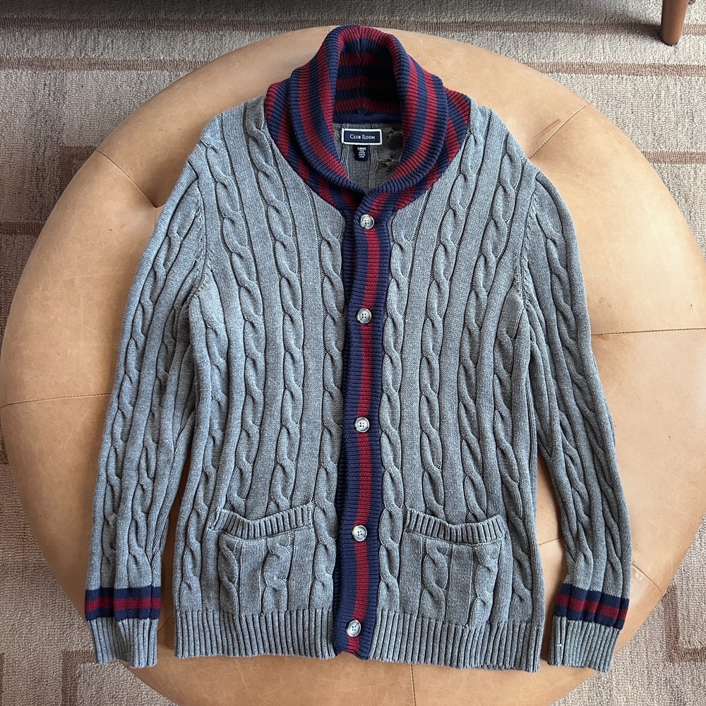 Club Room Y2K Cable Knit Shawl Cardigan Sweater Mens L Gray Preppy Collegiate